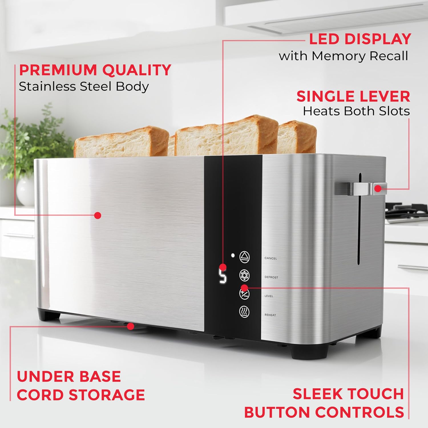 Stainless Steel Four Slice Bread Toaster